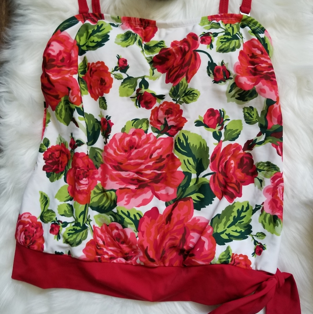 Isaac Mizrahi Red and Green Floral Bikini Top on White